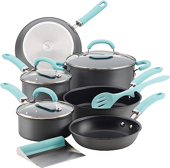 Rachael Ray Cucina 12-Piece Nonstick Cookware Set, Agave Blue