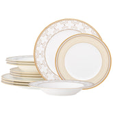 Noritake Trefolio Gold, 12 Piece Fine Bone China Dinnerware Set, Service for 4