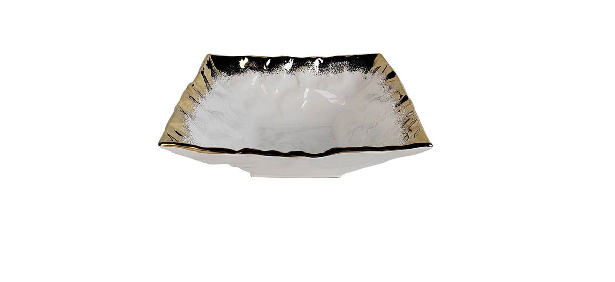 Classic Touch White Porcelain Square Salad Bowl with Gold Edge 11"