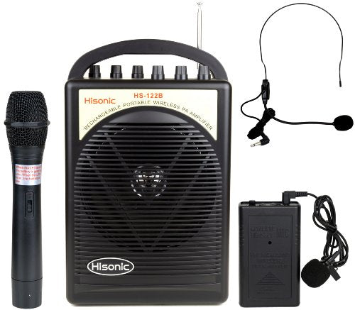 Hisonic HS122B-HL 40W Rechargeable Portable PA System with 1 Handheld Mic,1 Belt Pack (With Clip-On Mic & Headset Mic) & Built-in Dual Receivers - Black